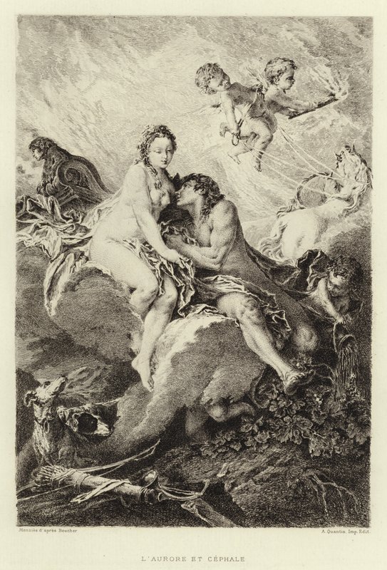 Aurora och Cephalus (gravyr) av Francois (after) Boucher