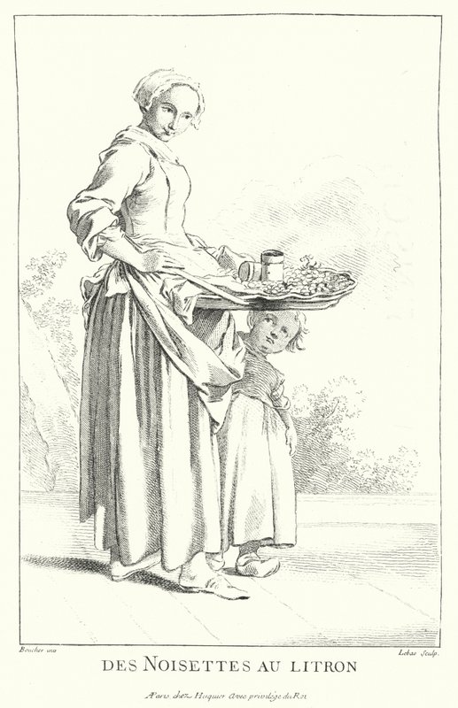 Säljare av muttrar (gravyr) av Francois (after) Boucher