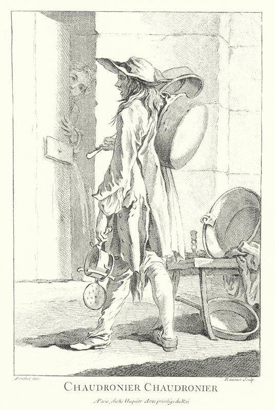 Gryta och panna säljare (gravyr) av Francois (after) Boucher