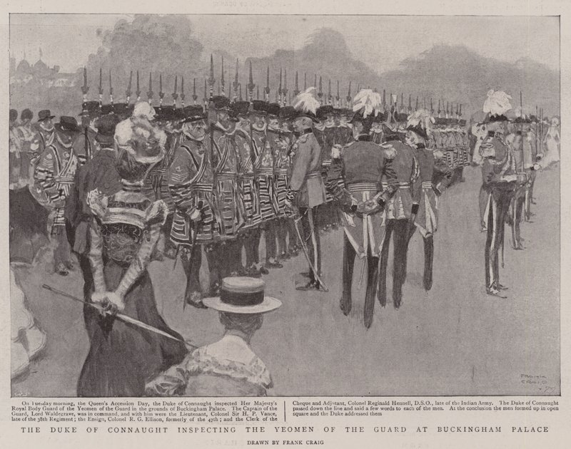 Hertigen av Connaught inspekterar gardet vid Buckingham Palace. av Frank Craig