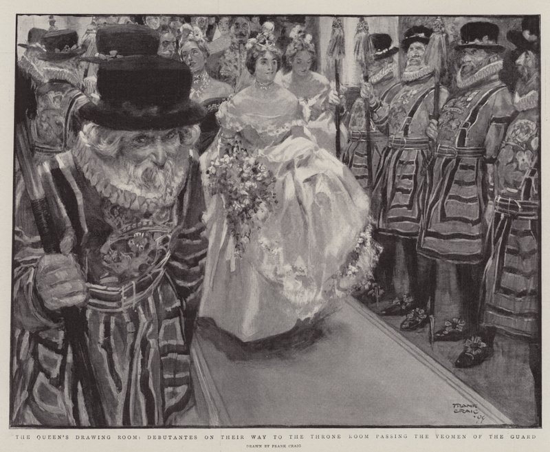 Drottningens salong, debutanter på väg till tronsalen som passerar Yeomen of the Guard av Frank Craig