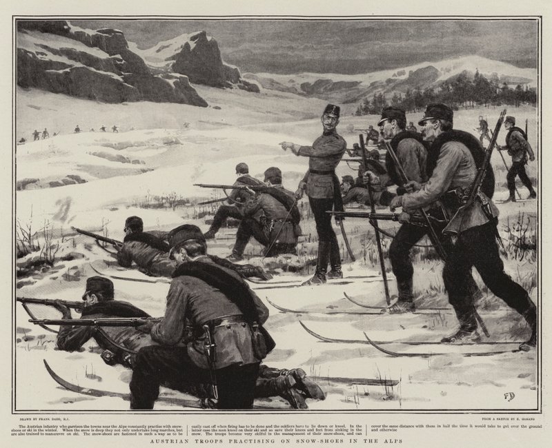 Österrikiska trupper övar på snöskor i Alperna av Frank Dadd