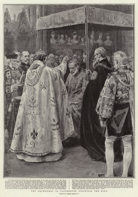 Ärkebiskopen av Canterbury smörjer kungen av Frank Dadd
