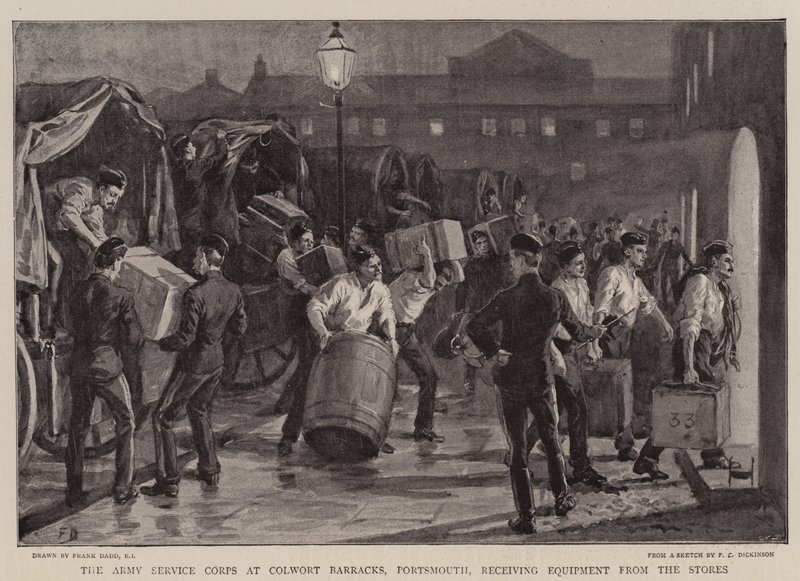 Arméns servicekår på Colwort Barracks, Portsmouth, tar emot utrustning från förråden. av Frank Dadd