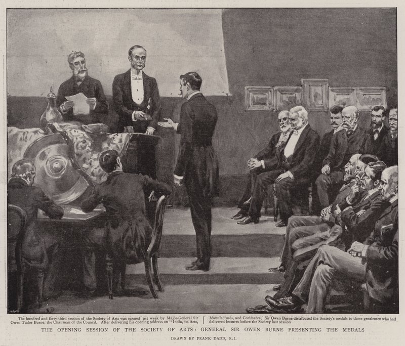 Invigningssessionen för Society of Arts, general Sir Owen Burne presenterar medaljerna av Frank Dadd