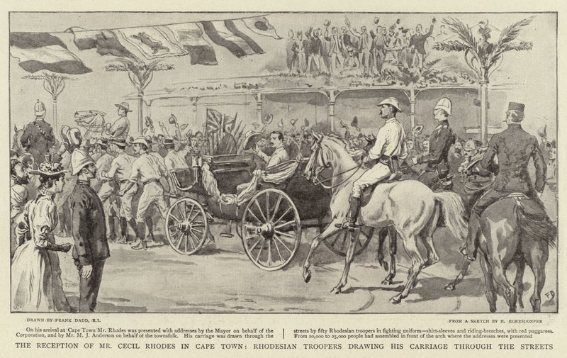 Mottagandet av Mr Cecil Rhodes i Kapstaden, Rhodesian Troopers drar sin vagn genom gatorna av Frank Dadd