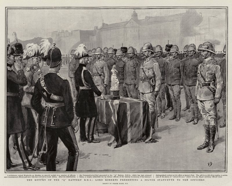 The Return of the Q Battery RHA, Lord Roberts presenterar en silverstatyett till officerarna av Frank Dadd