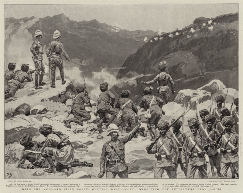 General Westmacott ledde med Mohmandfältstyrkan återtåget från Jarobi. av Frank Dadd