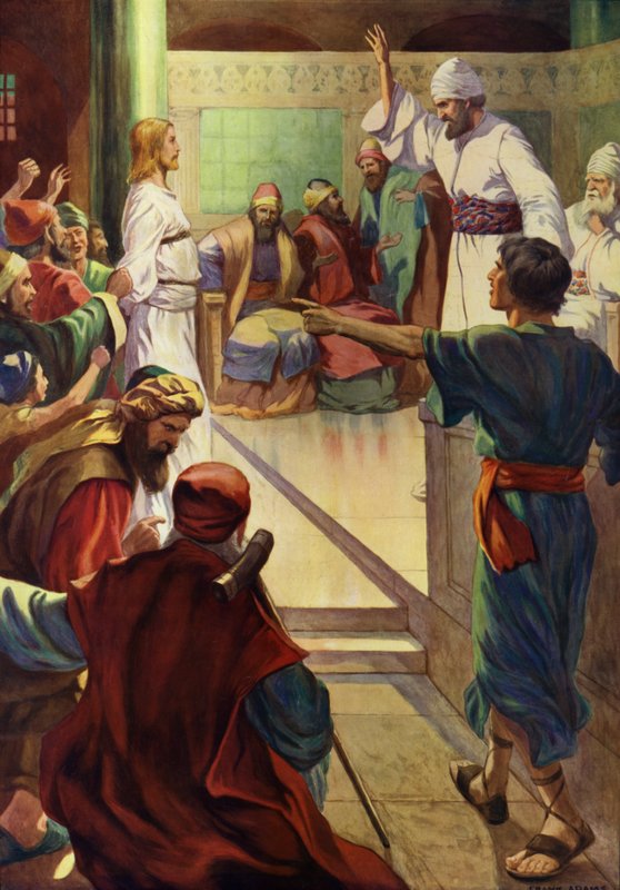 Jesus före Kaifas (färg litho) av Frank Adams