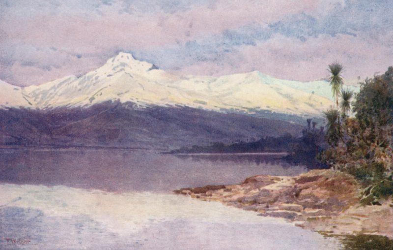 Nya Zeeland: Diamond Lake (färglitografi) av Frank H Wright