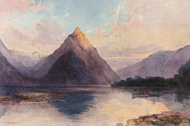 Nya Zeeland: Mitre Peak (färglitografi) av Frank H Wright