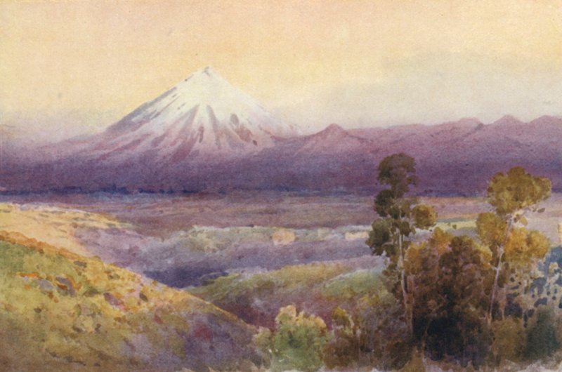 Nya Zeeland: Mount Egmont (färglitografi) av Frank H Wright