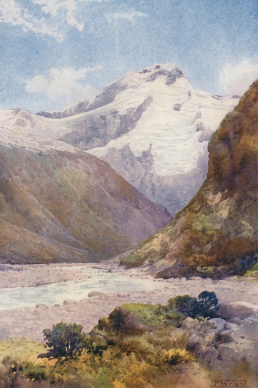 Nya Zeeland: Mount Sefton (färglitografi) av Frank H Wright