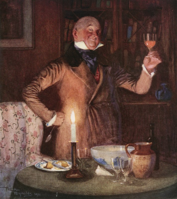 Mr Micawber i sitt Element (färglitografi) av Frank Reynolds