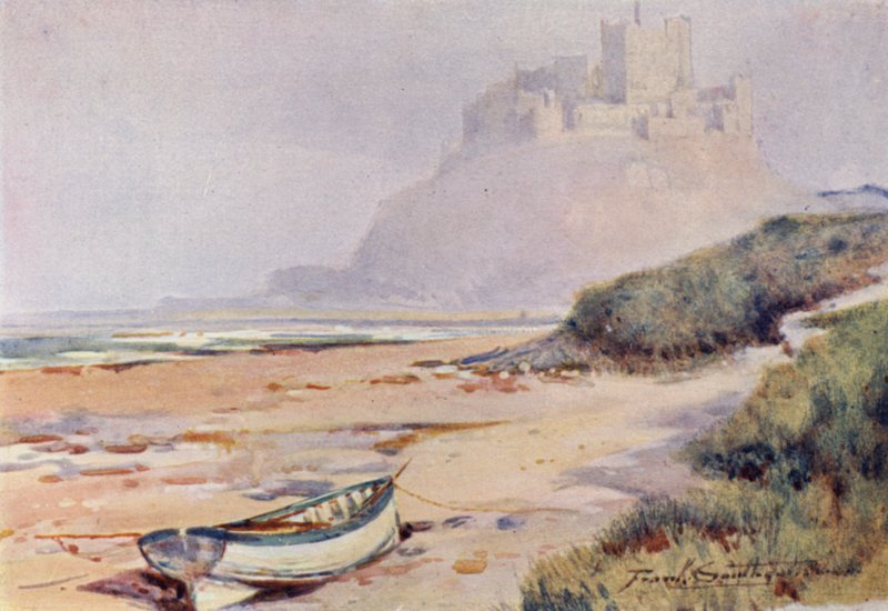 Bamburgh Castle (färg litho) av Frank Southgate