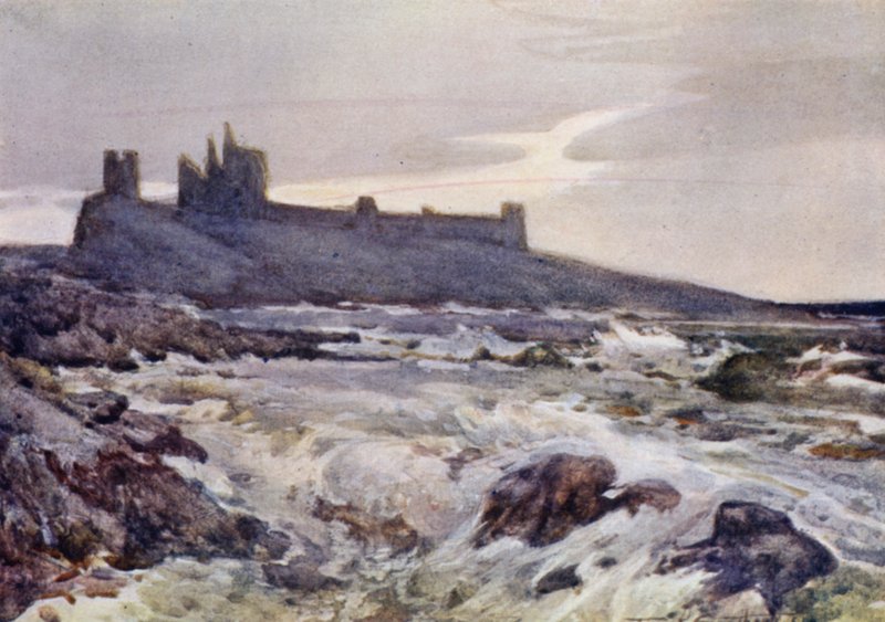 Dunstanburgh Castle (färg litho) av Frank Southgate