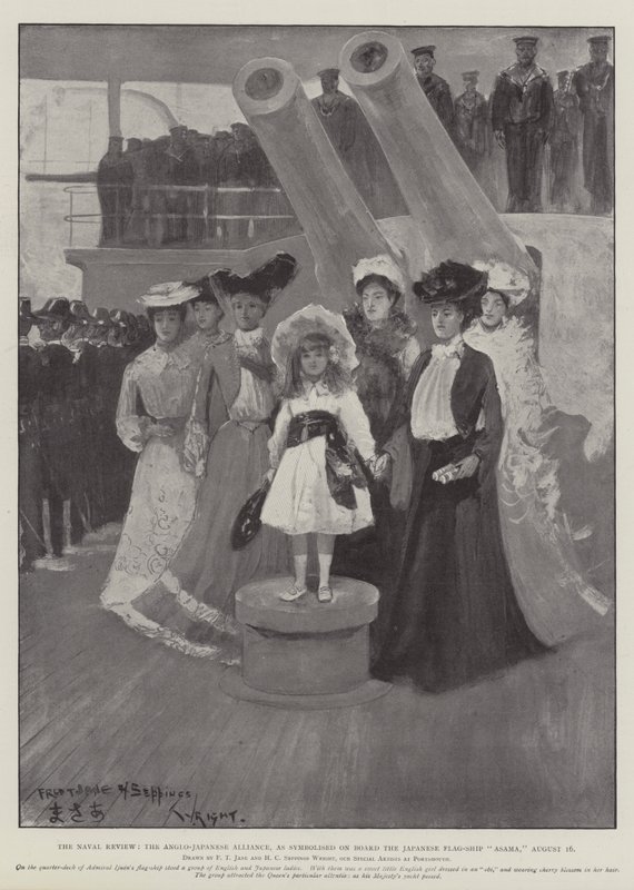 Naval Review, den anglo-japanska alliansen, som symboliseras ombord på det japanska flaggskeppet Asama, 16 augusti av Fred T. Jane