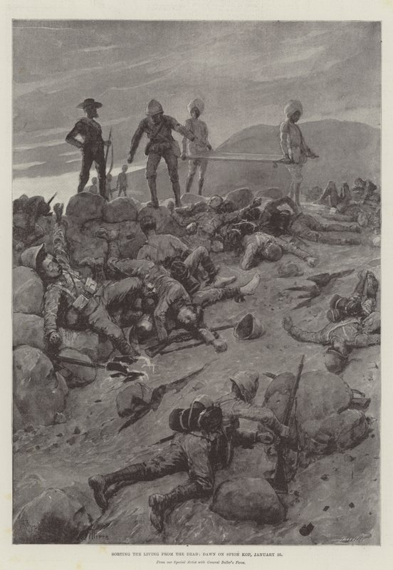 Att sortera de levande från de döda, Dawn on Spion Kop, 25 januari av Frederic Villiers