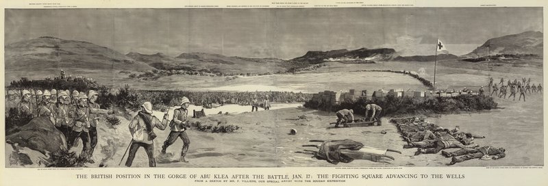 Den brittiska positionen i Abu Kleas ravin efter slaget, 17 januari, Fighting Square framryckande till Wells av Frederic Villiers