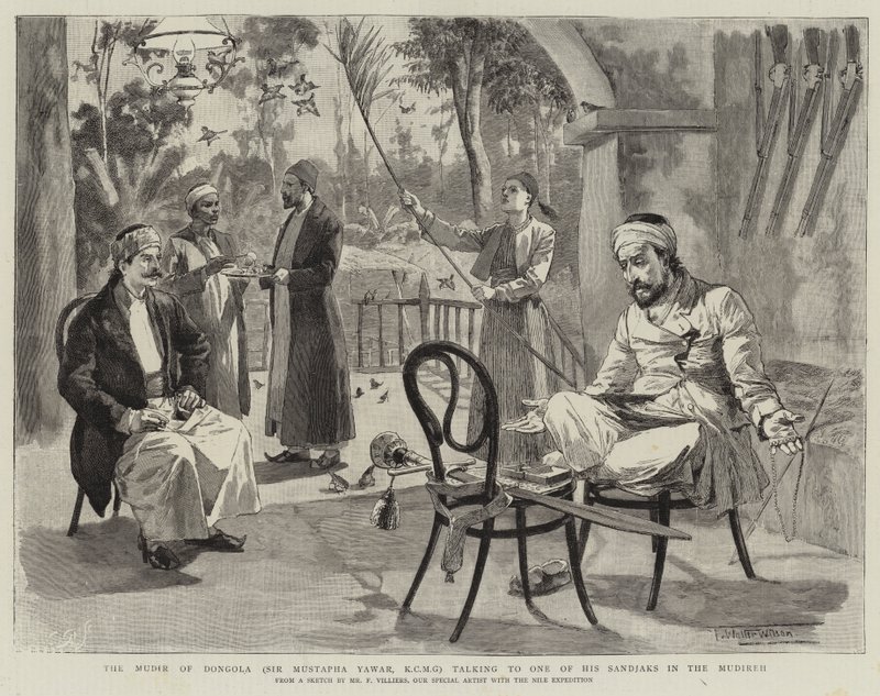 Mudiren av Dongola (Sir Mustapha Yawar, KCMG) talar med en av sina sandjaker i Mudireh. av Frederic Villiers