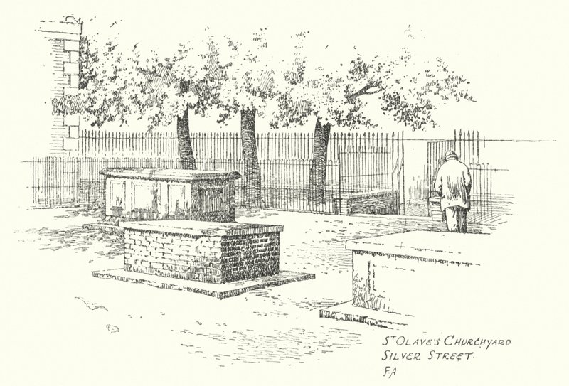 St Olaves kyrkogård, Silver Street (litografi) av Frederick Adcock