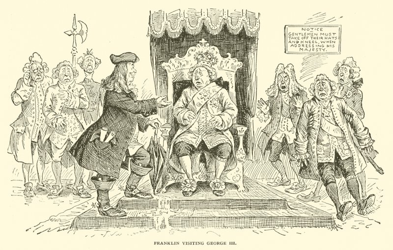Franklin besöker George III av Frederick Burr Opper