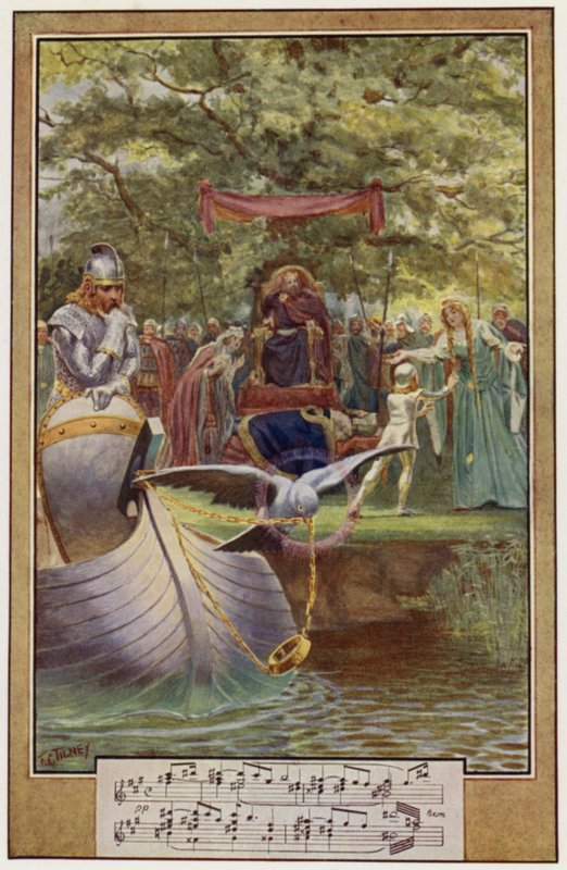 The Departure of Lohengrin (färg litho) av Frederick Colin Tilney