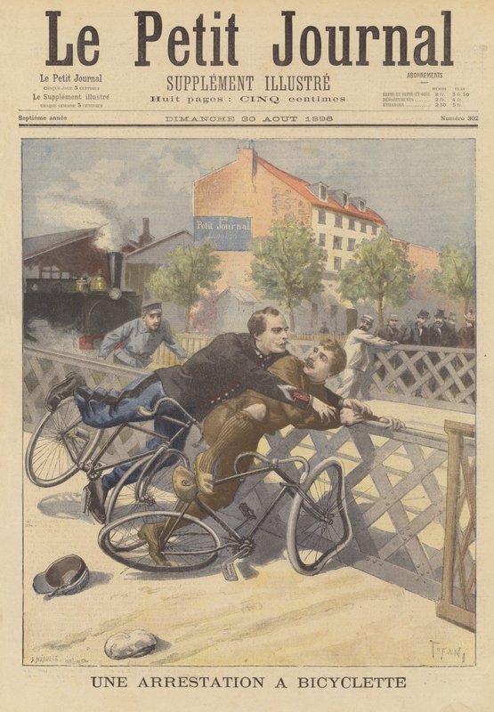 En polis griper från sin cykel av French School