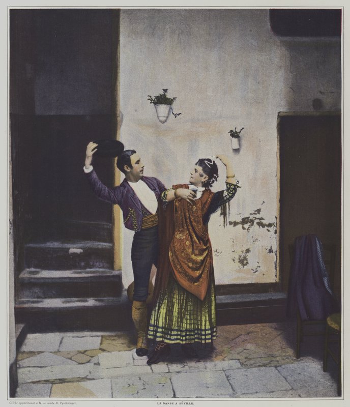 Spanska dansare i Sevilla (färg litho) av French Photographer