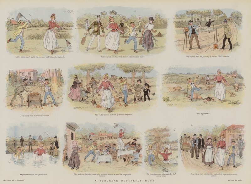 En förortsfjärilsjakt (chromolitho) av French School