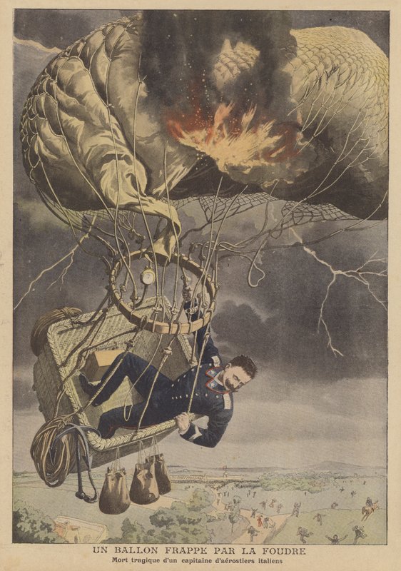 En ballong träffad av blixten (färg litho) av French School