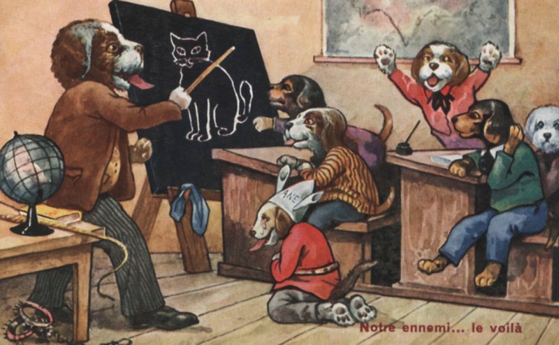 Ett klassrum med hundar (färg litho) av French School