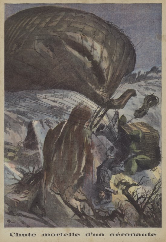 En dödlig ballongkrasch (färg litho) av French School