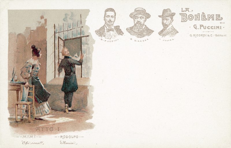 Akt ett, La Boheme (färg litho) av French School