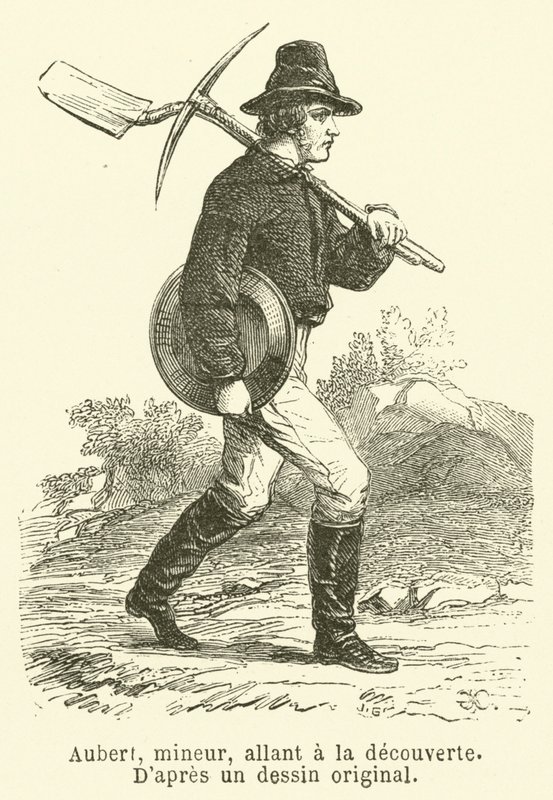 Aubert, gruvarbetare, utforskande (gravyr) av French School