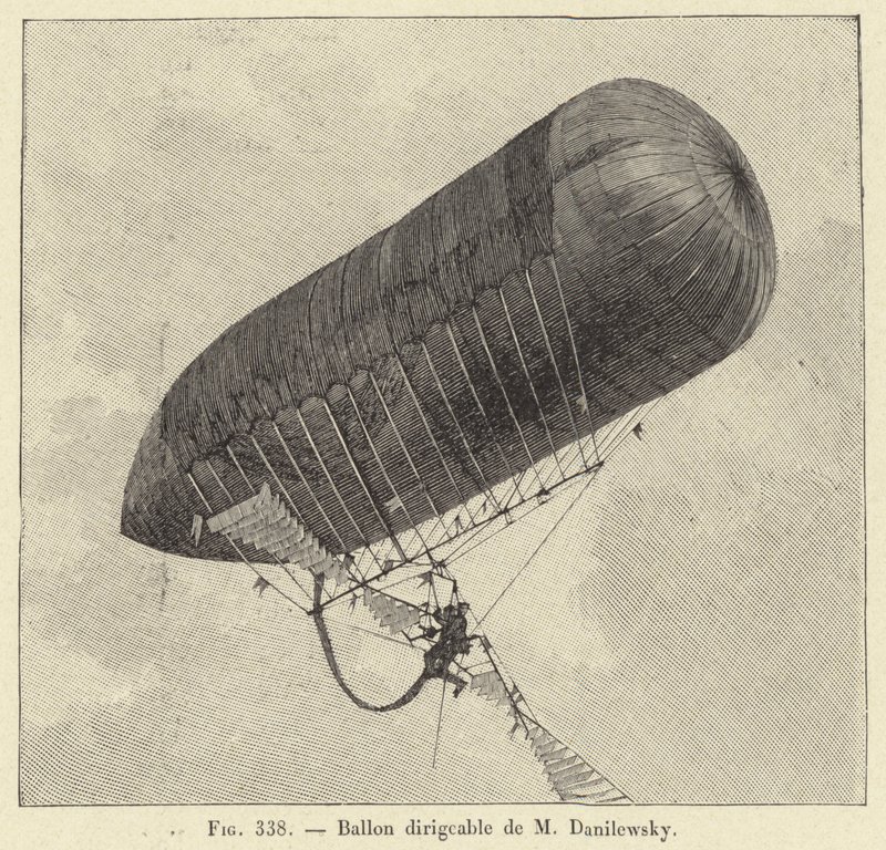 Dirigible ballong av M Danilewsky (gravyr) av French School