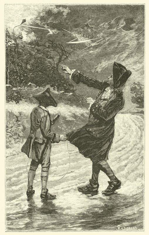 Benjamin Franklin flyger sin drake (gravyr) av French School