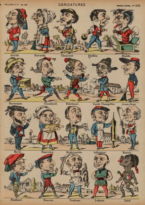 Karikatyrer (färgad gravyr) av French School