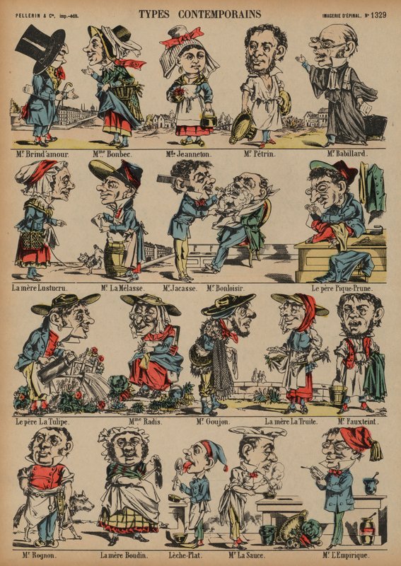 Karikatyrer (färgad gravyr) av French School