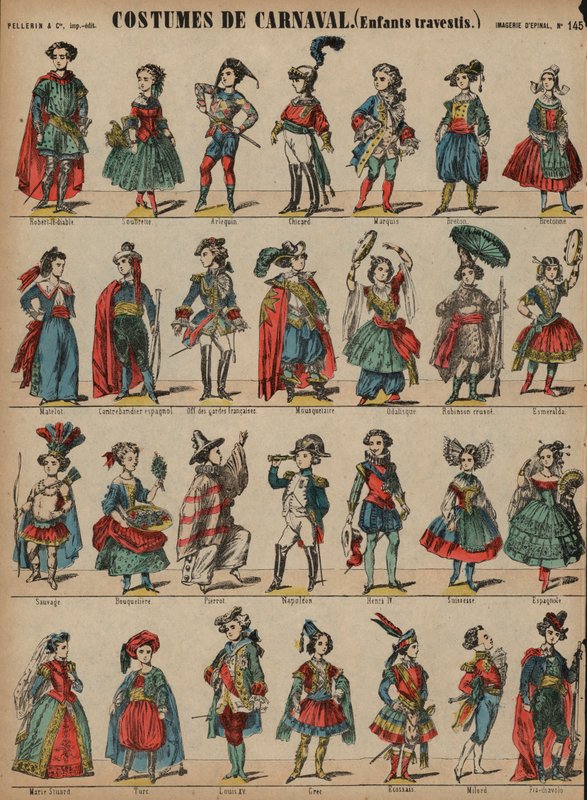 Barnens karnevalsdräkter (färgad gravyr) av French School