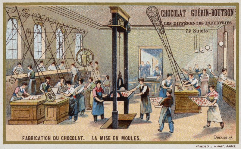 Chokladtillverkning. Lägga choklad i formar (chromolitho) av French School