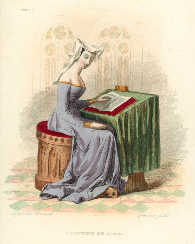 Christine de Pisan (färgad gravyr) av French School