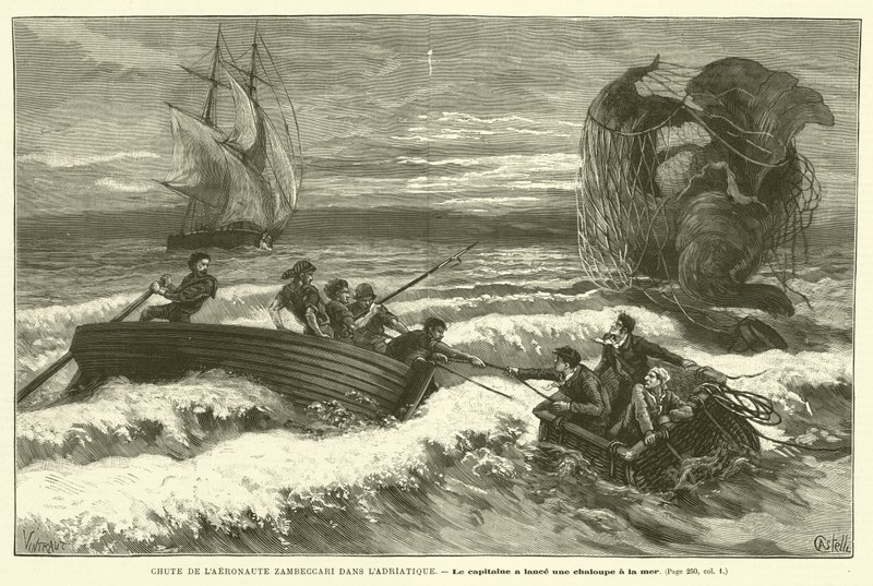 Fall of the Aeronaut Zambeccari i Adriatiska havet (gravyr) av French School