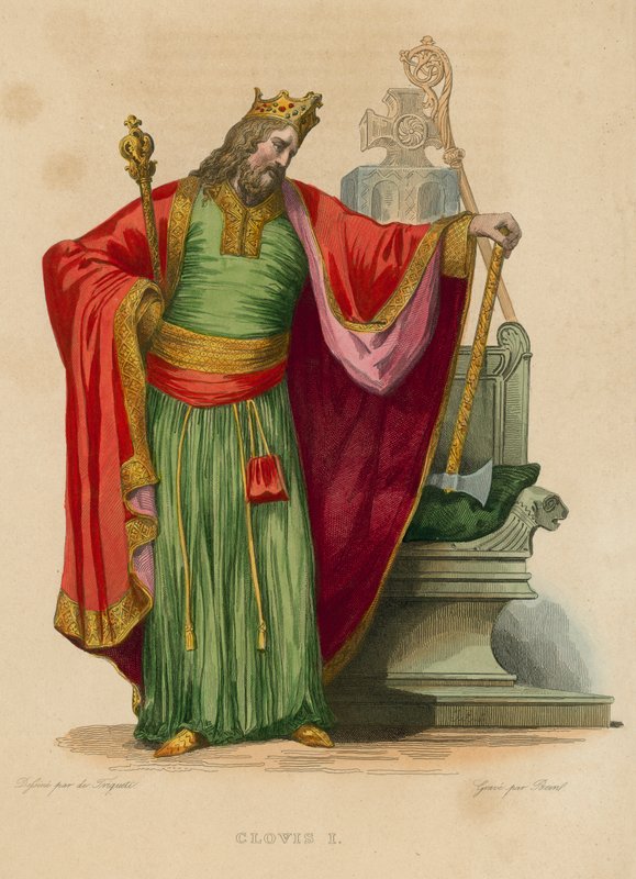 Clovis I (färgad gravyr) av French School