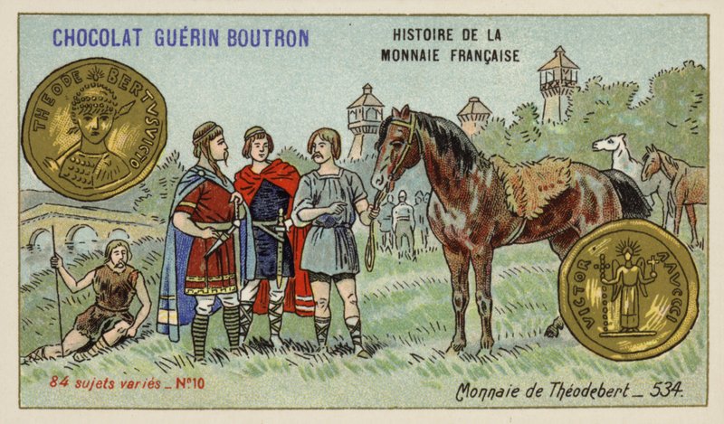 Mynt av Theudebert I, 534 (chromolitho) av French School