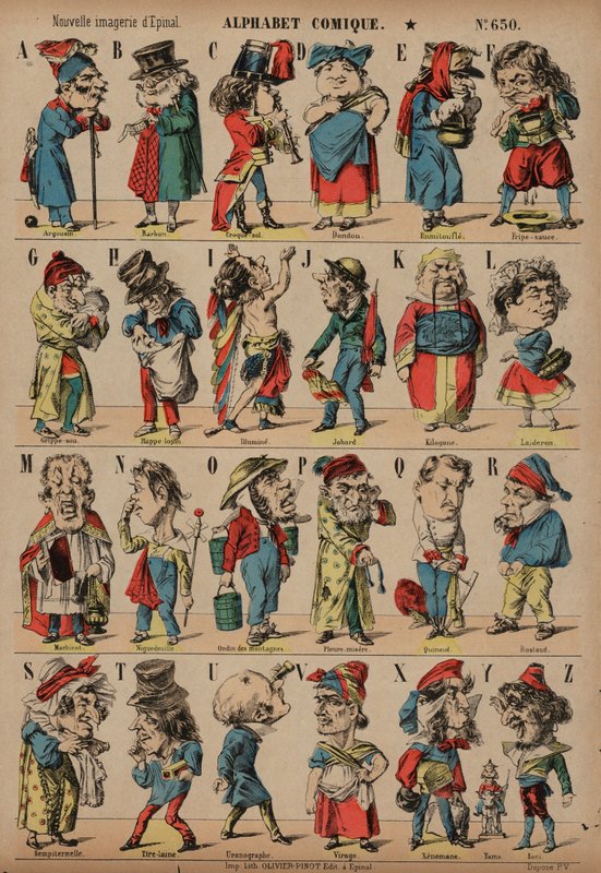 Komiskt alfabet (färgad gravyr) av French School