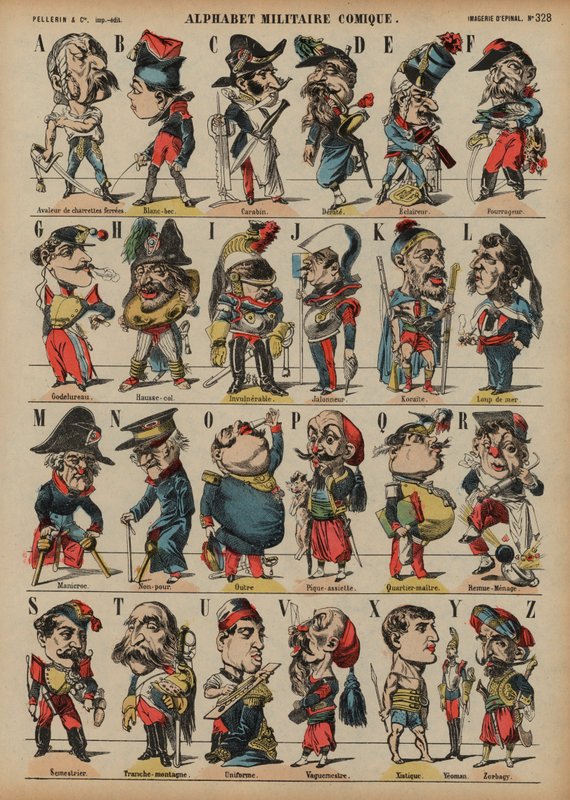 Komiskt militäralfabet (färgad gravyr) av French School