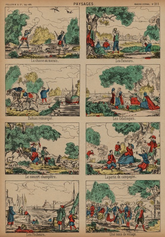 Landsbygdsscener (färgad gravyr) av French School