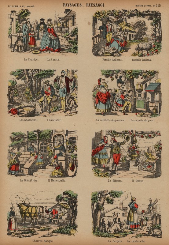 Landsbygdsscener (färgad gravyr) av French School