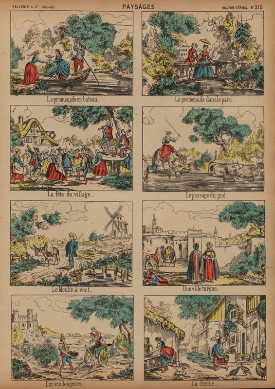 Landsbygdsscener (färgad gravyr) av French School